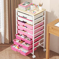 Goovilla Rolling Cart with Drawers, Utility Cart Organizer With 8 Removable Drawers and Wooden Tabletop, Lockable Rolling Storage Organizer for Art, Classroom, Home, Dorm, Office, Craft Storage, Pink
