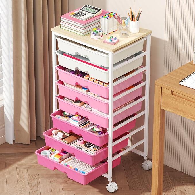 Goovilla Rolling Cart with Drawers, Utility Cart Organizer With 8 Removable Drawers and Wooden Tabletop, Lockable Rolling Storage Organizer for Art, Classroom, Home, Dorm, Office, Craft Storage, Pink