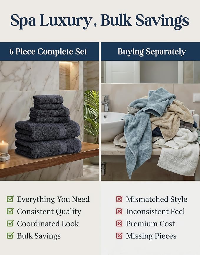 LANE LINEN Bathroom Towel Set 6 Piece Soft Absorbent Quick Dry - Black | Cotton Towel Set - Coordinated Colors, Dobby Border Accent, OEKO-TEX Certified, Ring-Spun Durability, Ring-Spun Cotton