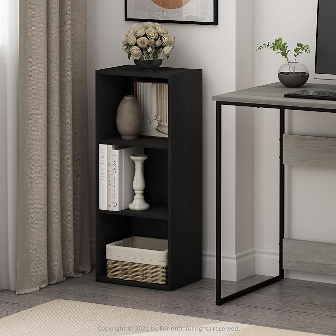 Furinno LUDER Book Shelf, 3-Cube Bookshelf, Bookcase with Open Shelves, 9.3 x 12 x 31.5, Easy Assembly, for Living Room, Bedroom, Home Office, Blackwood