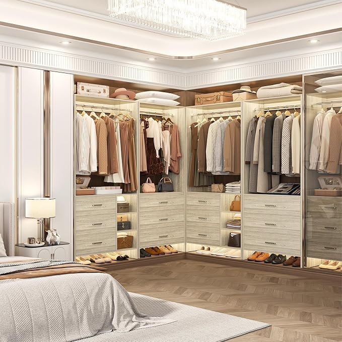 Aheaplus Closet System with 6 Drawers, 4.5ft Wood Closet Organizer System, Walk-in Closet or Small Closets Wardrobe, Clothes Rack with Hanging Rods, White Oak
