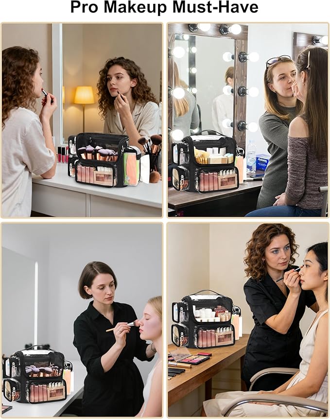 TANTO Makeup Brush Bag, Makeup Artist Bag Clear Makeup Case Professional Large Cosmetic Organizer Bag Portable Cosmetic Train Case with Adjustable Dividers & Shoulder Strap Easy to Clean