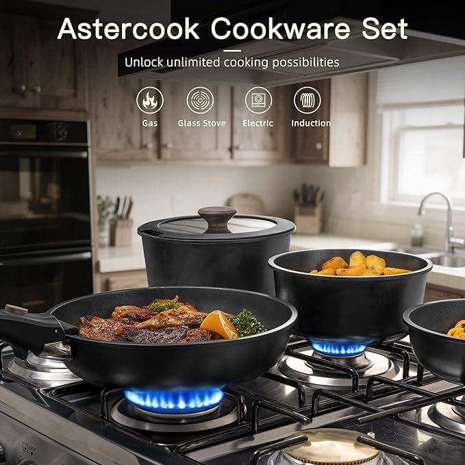 Astercook 23 Pcs Pots and Pans Set Non Stick, Ceramic Cookware Set Detachable Handle, RV Kitchen Cooking Set Removable Handles, Oven Safe, Induction Ready, Stackable, Black, Mothers Day Gifts