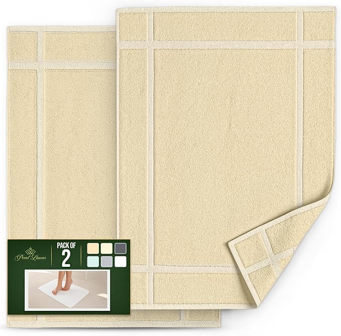 Pearl Linens Pack of 2 100% Cotton Bath Mat 18x25 inches, Soft & Absorbent Quick Dry Bathroom Mat Set, Not Bathroom Rugs, After Shower Mat, Bath Tub Mat, 781 GSM, Machine Washable, Beige