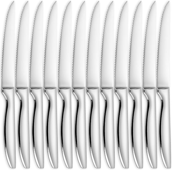 SuperCook Steak Knives Set of 12, Stainless Steel, High End, Serrated, Dishwasher Safe, Silver