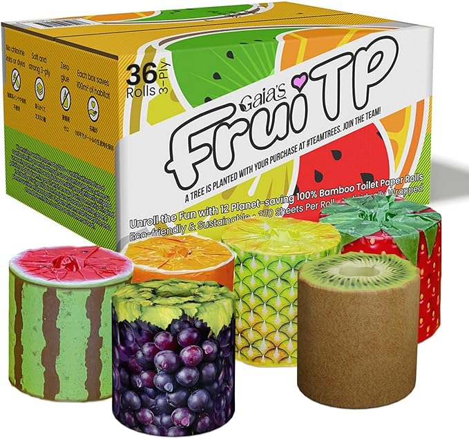 Gaias Premium and Soft Fruit TP Organic Bamboo Toilet Paper | 36 Mega Rolls, 3 Ply, 370 Sheets | FSC Certified, PFAS & BPA Free, Eco-Friendly, Sustainable Tissue - Plastic Free, Septic Safe, Vegan