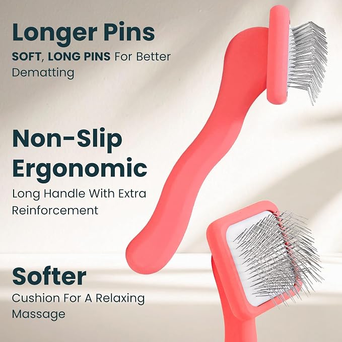 Slicker Brush for Dogs - Long Pin for Poodles, Doodles & Long Haired Dogs, Deshedding & Dematting Tool, Slicker Dog Brushes for Grooming (Coral, Flat Small)