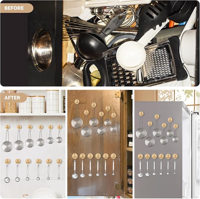 Measuring Cup and Spoon Organizer, 12 Pack Adhesive Wood Hooks for Hanging, Kitchen Hooks for Space Saving Storage