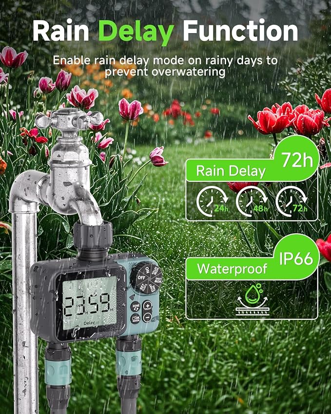 Sprinkler Timer 2 Zone & Digital Water Timer for Garden Hose, Yard, Lawn, Pool – Programmable Irrigation Controller with Rain Delay, IP55 Waterproof Auto & Manual Irrigation System
