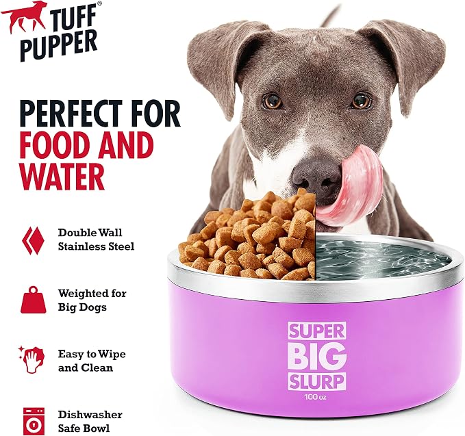 Tuff Pupper 100 oz Heavy Duty Insulated Stainless Steel Dog Bowl for Large Dogs, Non-Slip Base, Dishwasher Safe