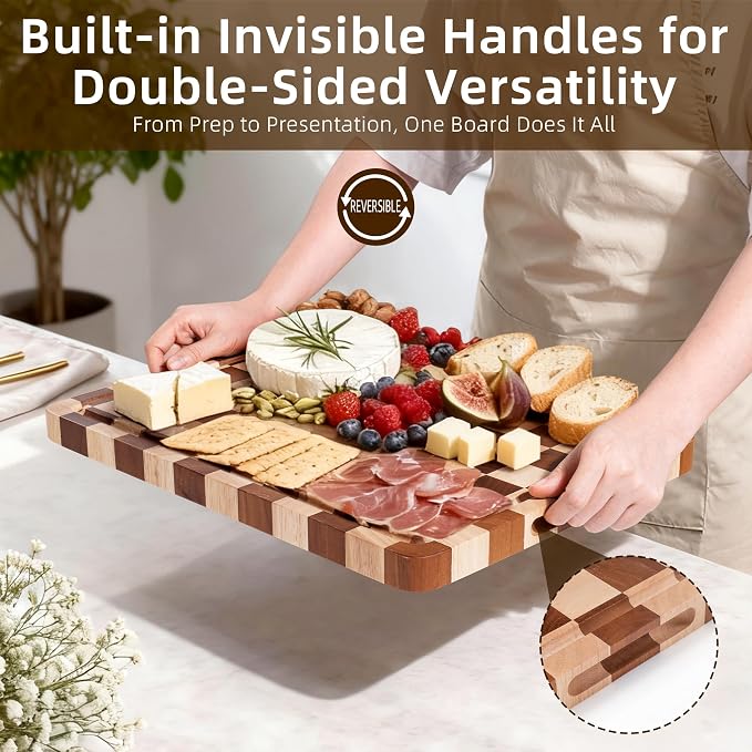 Checkered Cutting Board for Kitchen - Wood Thick Checkerboard End Grain Chopping Board with Handle & Juice Groove, Double Sided for Cooking, Serving and Decor, Rectangular 16" x 12" x 1"