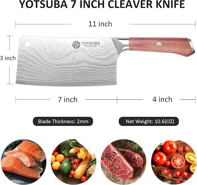YOTSUBA 7 Inch Cleaver Knife-Ergonomic Rosewood Full Tang Handle, Ultra Sharp High Carbon German Steel Chopping Knife for Meat Vegetable, Gift Box for Home Cooks & Cooking Lovers