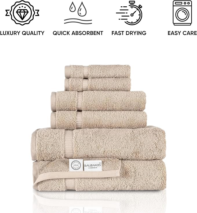 SALBAKOS 100% Turkish Cotton Bathroom Towel Set of 6-Piece, Taupe | 630 Gsm Thick Super Soft Highly Absorbent 2 Bath + 2 Hand + 2 Washcloth Towels Sets, Giftable, Hotel Quality, Made in Turkey