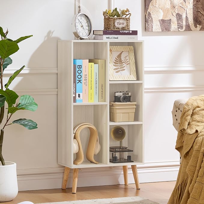 LEYAOYAO 5 Cube Bookshelf,Mid-Century Modern Bookcase with Legs,Light Grey | 3 Tier Book Shelf,Rustic Wood Bookshelves Freestanding Small Storage Organizer, Open Shelves for Bedroom, Living Room, Office