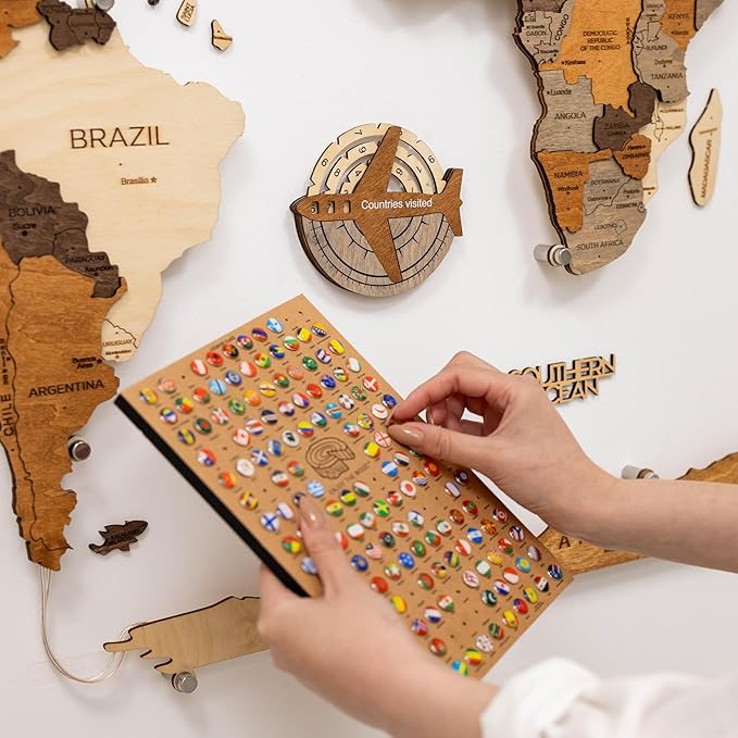 Enjoy The Wood 3D Wooden World Map Wall Art - Large Travel Map with Pins for Art Decor - Decorative Map of the World for Home, Office - Travel Wall Art Housewarming Gift Idea (Travel Tracker, Pins, Unframed)