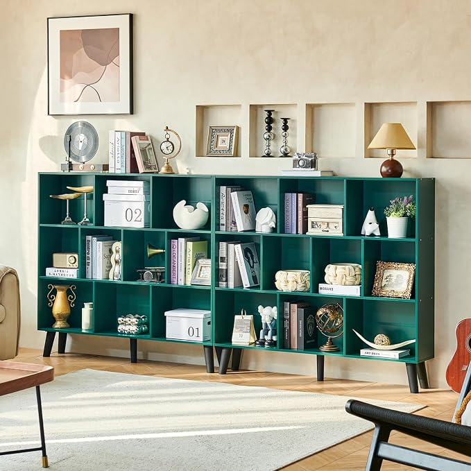 LEYAOYAO 10 Cube Bookshelf,Mid-Century Modern Bookcase with Legs,Dark Green | 3 Tier Book Shelf,Rustic Wood Bookshelves Freestanding Large Storage Organizer, Open Shelves for Bedroom, Living Room, Office