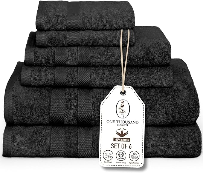 Premium Staple Cotton Bathroom Towel Set - Black 600 GSM 6-Piece Luxury Bath Towel Set 3 Stripe - 2 Bath Towels, 2 Hand Towels & 2 Washclothes Set - High Absorbent & Quick Dry for Gym, Spa, Hotel