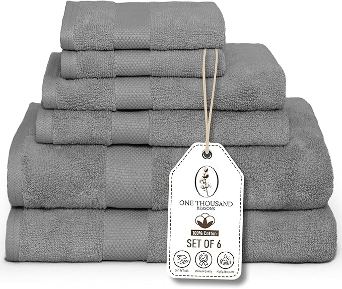 Premium Staple Cotton Bathroom Towel Set - Gray 600 GSM 6-Piece Luxury Bath Towel Set 1 Stripe - 2 Bath Towels, 2 Hand Towels & 2 Washclothes Set - High Absorbent & Quick Dry for Gym, Spa, Hotel