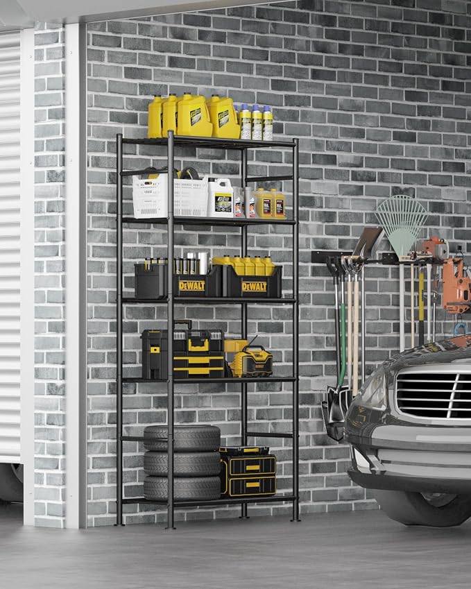 Sakugi Storage Shelves - 5 Tier Shelf Organizer, Heavy Duty Garage Shelving Unit with Leveling Feet, Stable Metal Shelves Organizer for Pantry, Kitchen and Closet, 33.0" W x 12.6" D x 72.0" H, Black