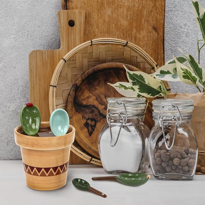 Cactus Measuring Spoons Set in Pot Cute Ceramic Kitchen Measuring Cups and Spoons Set with Holder for Baking Salt Sugar