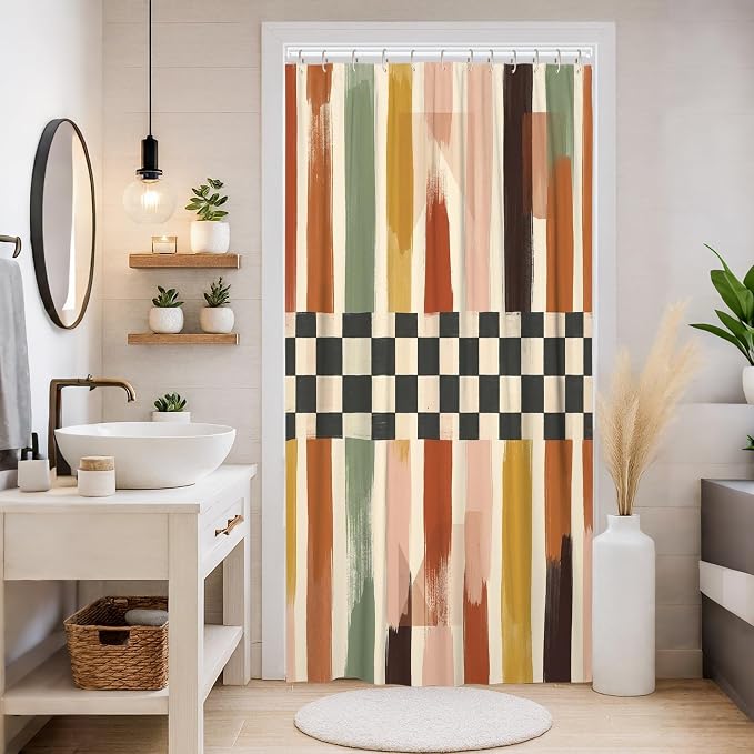 Brush Patterns Stall Shower Curtain, Modern Abstract Checkered Stripes Fall Earth Tones Washable with Hooks Design Print Bath Curtains for Home Bathroom Toile Hotel Decor 36x72 Inch