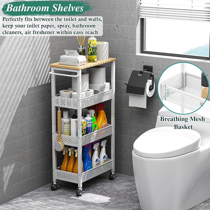 OKZEST Utility Slim Storage Cart, 4-Tier Narrow Bathroom Organizers and Storage Cart, Narrow Metal Kitchen Laundry Room Organization Shelf with Wood Top, Slim Rolling Carts with Wheels for Small Space
