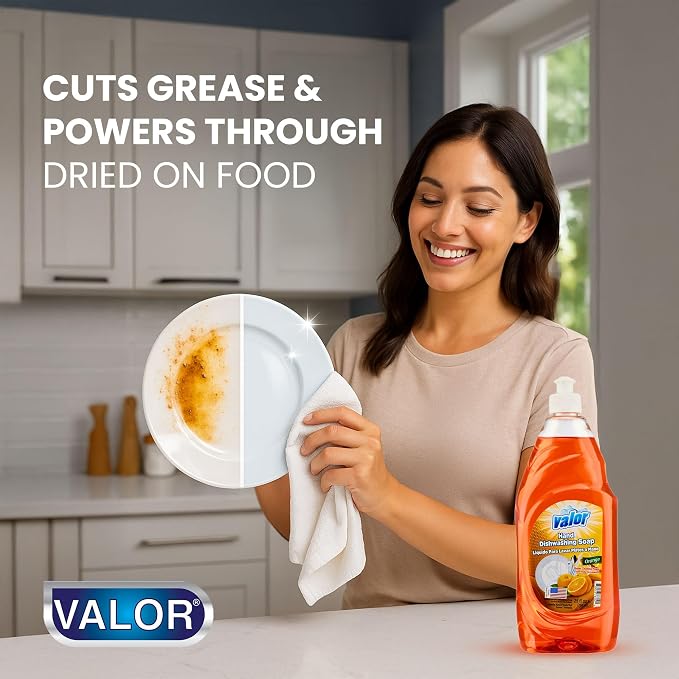 Valor Dishwashing Liquid, 25 fl oz – Dish Soap for Kitchen & Bathroom, Grease-Fighting, Gentle on Hands, Fast Rinse, Eco-Friendly Biodegradable Formula (25.5 oz (Pack of 6), Orange)