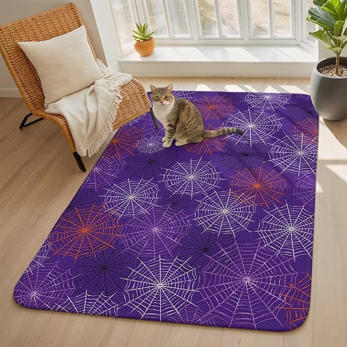 Purple Halloween Washable Area Rugs for Living Room Bedroom, Large Non Slip Indoor Floor Carpet Absorbent Low Pile Red Black White Net Halloween Door Mat Rugs for Bathroom Entryway 63"x90.6"