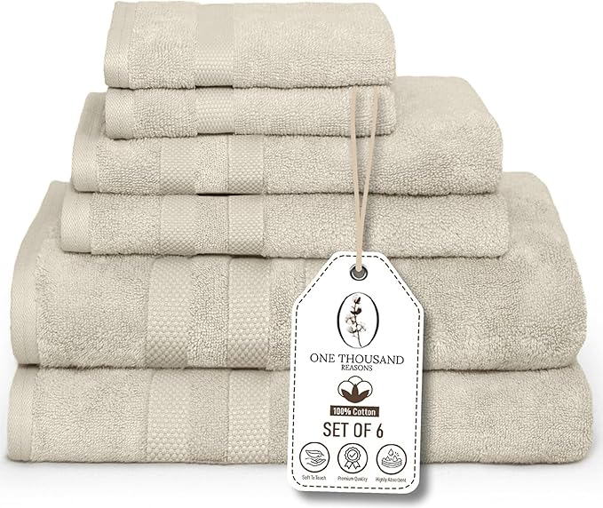 Premium Staple Cotton Bathroom Towel Set - Beige 600 GSM 6-Piece Luxury Bath Towel Set 3 Stripe - 2 Bath Towels, 2 Hand Towels & 2 Washclothes Set - High Absorbent & Quick Dry for Gym, Spa, Hotel
