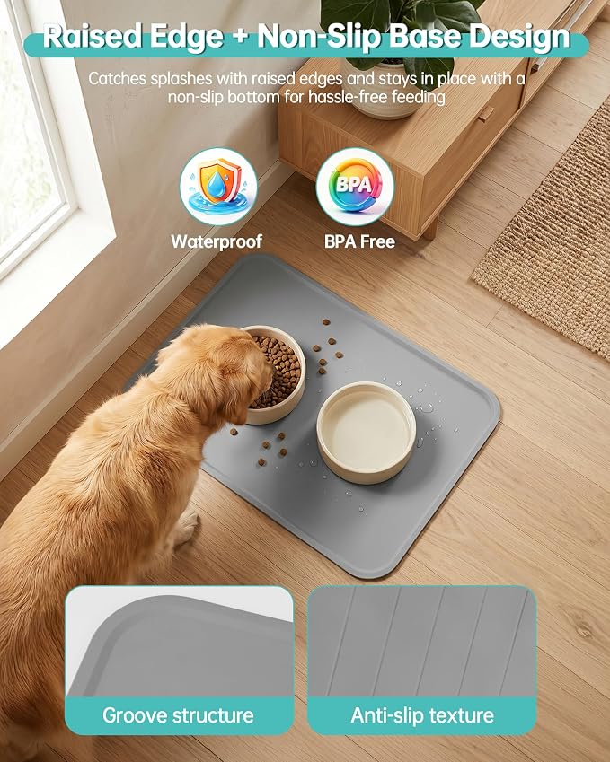 Pet Water Fountain Mat, 24" x 16" Food Grade Silicone Waterproof Mat with Raised Edge, Non Slip Easy Clean Splash Proof Floor Pad for Cat Dog Water Dispenser, Grey