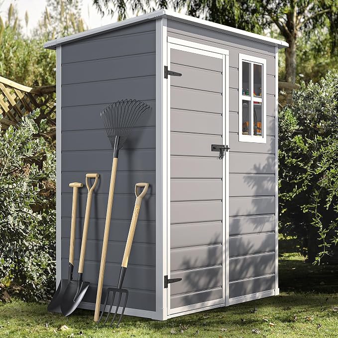 DWVO 5x3 FT Outdoor Storage Shed with Reinforced Floor, All-Weather Resin Storage Shed with Lockable Door & Window, Waterproof Plastic Tool Shed for Garden, Backyard, Patio, Lawn