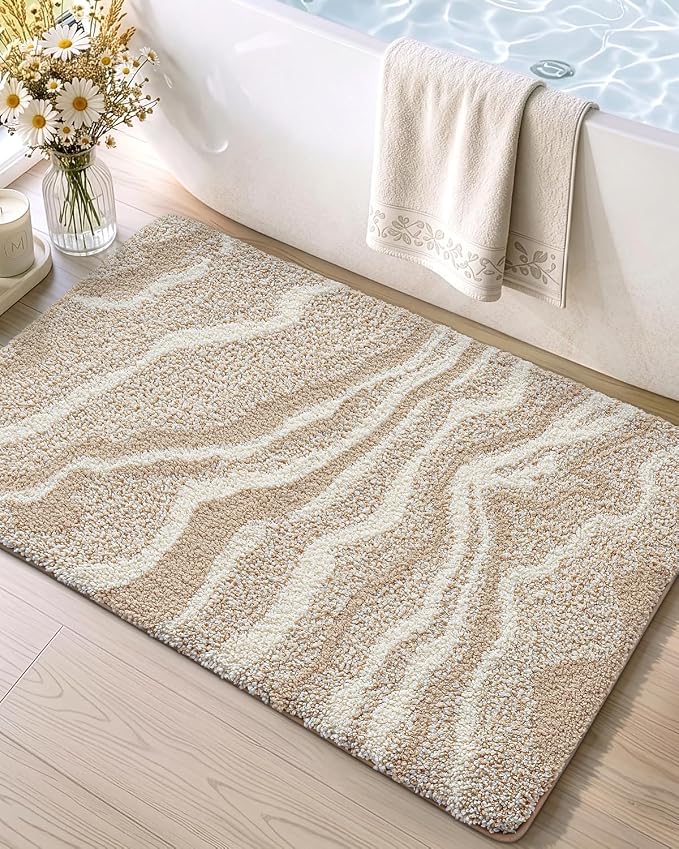 DEXI Bathroom Rug Mat 30x17, Soft and Absorbent Marble Bath Mat, Non Slip Machine Washable Bath Rugs for Shower Floor, Tub, Sink, Beige