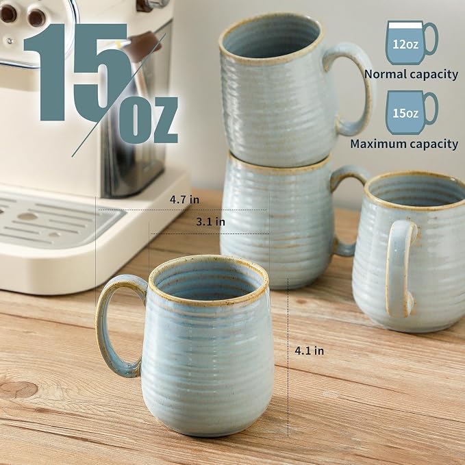 HASENSE Coffee Cups Ceramic, 12 Oz Reactive Glaze Coffee Mugs Set of 4, Large Tea Cup with Handle for Women and Men Gift, Dishwasher & Microwave Safe, Light Blue