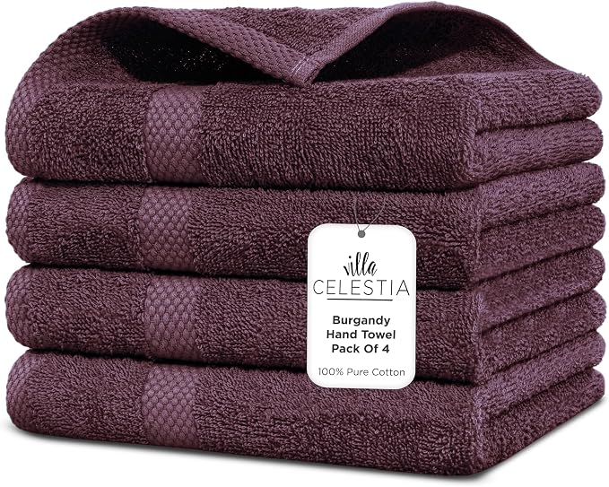 Villa Celestia Cotton Hand Towels Set of 4, 16 x 28, Oeko-TEX Certified, Quick Dry, Burgandy