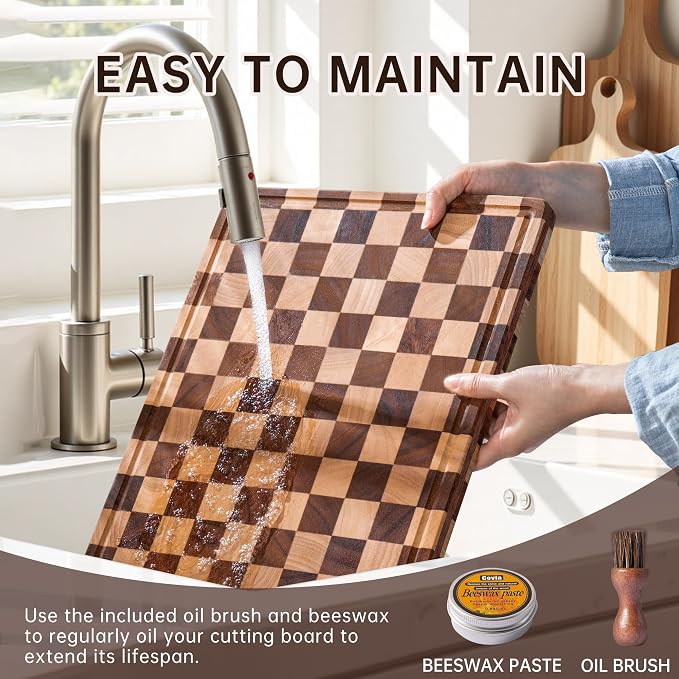 Checkered Cutting Board Set, Walnut Wood Cutting Boards for Kitchen | 3PCS Wooden Chopping Board with Juice Groove & Handles, Upgraded Decorative Serving Tray for Meat Vegetables Fruits with Box