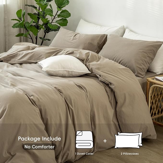 MooMee Duvet Cover Set 100% Washed Cotton Linen Like Queen | Relaxed Linen-like Texture. Soft, Breathable & Long-lasting Comfort. Lightweight. Hidden Zipper with 8 Interior Corner Ties