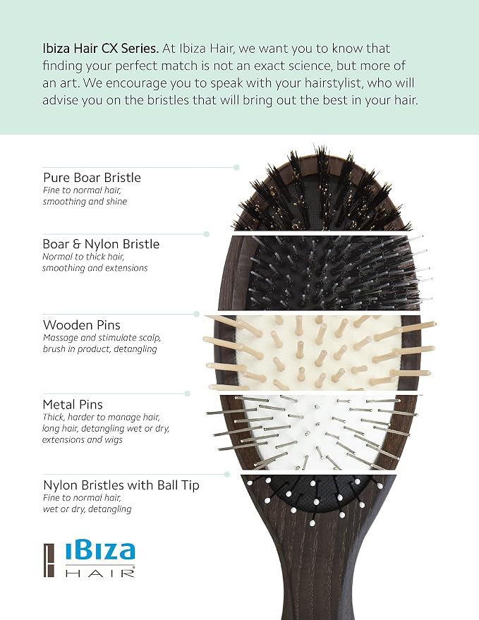 Ibiza Hair Detangling Paddle Brush (CX6) | 100% Boar Bristles with Ball-Tipped Quills for a Polished, Shiny Look | Durable Carbonized Wood | Ideal for Long Styles & Large Sections