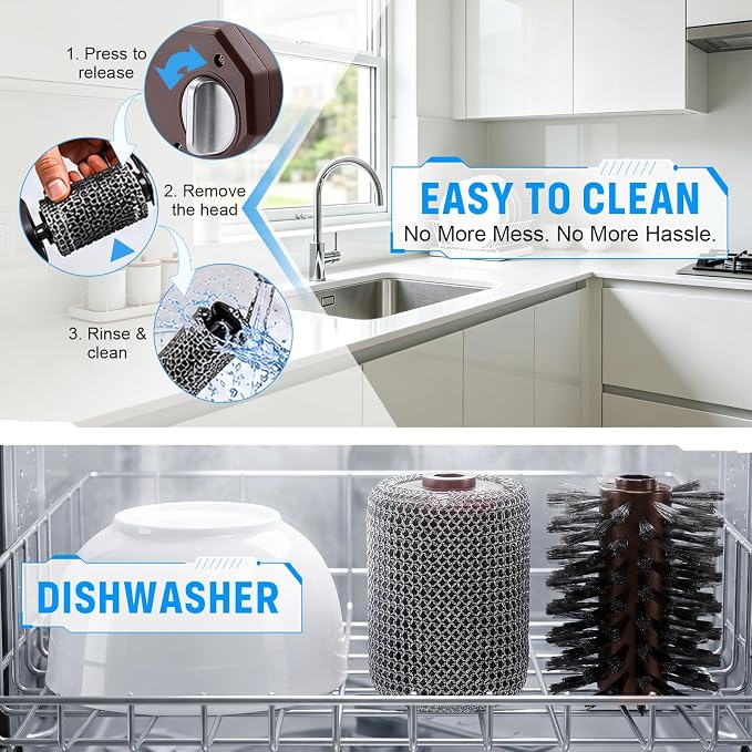 Electric Grill Brush, 350 RPM BBQ Automatic Grill Cleaner with 2 Replace Cleaning Heads, 2600mAh Battery Power Grill Scrubber for Outdoor Flat Top, Cast Iron, Barbecue Grates, Brown