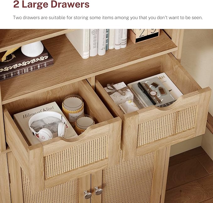 Iwell Tall Storage Cabinet, Rattan Cabinet with 2 Drawers & Adjustable Shelf, Kitchen Pantry Storage Cabient, Entryway Cabinet for Living Room, Dining Room, Home Office, Natural