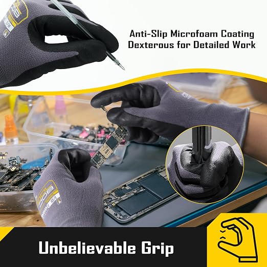 COOLJOB 36 Pairs Safety Work Gloves Microfoam Nitrile Rubber Coated, Seamless Knit Nylon Gloves with Full Fingers Touchscreen, Grip Nitrile Dipped, Ideal for Warehouse, Home Improvement, Grey Small
