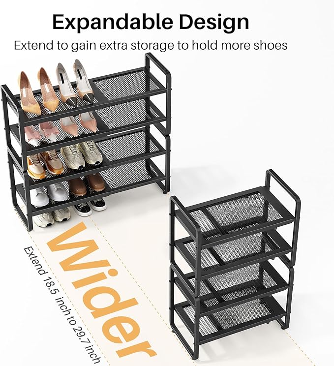 SNTD Shoe Rack - Expandable Shoe Organizer for Closet, Adjustable Metal Shoe Shelf Storage, Stackable Long Shoe Stand Holder for Garage, Entryway, Door Entrance (Black, 4-Tier)