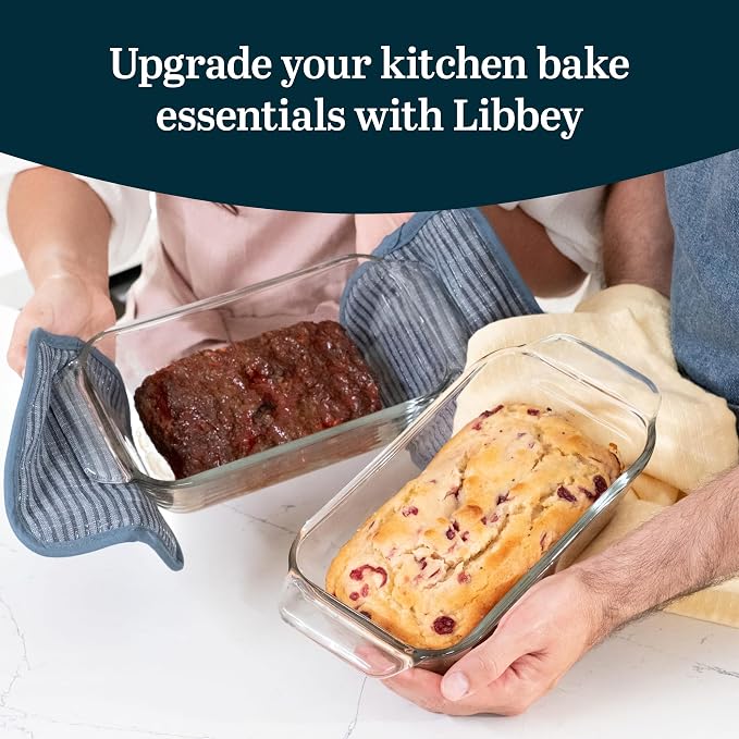 Libbey Baker’s Premium 2-Piece Glass Bread Loaf Pan Baking Dish Set, Space-Saving Glass Bakeware set for Bread, Loaf, and Pound Cakes