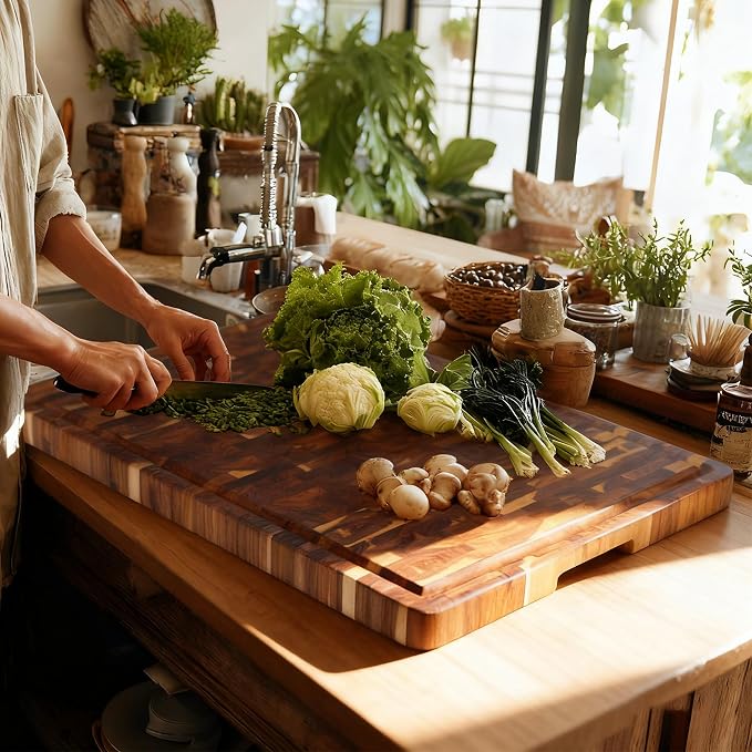 Utoplike Large Acacia Cutting Board 22 x 16 in, End Grain Chopping Boards | Wooden Butcher Block with Handle, Single-side Juice Groove for Turkey, Meat, Vegetables, 1.38"Th