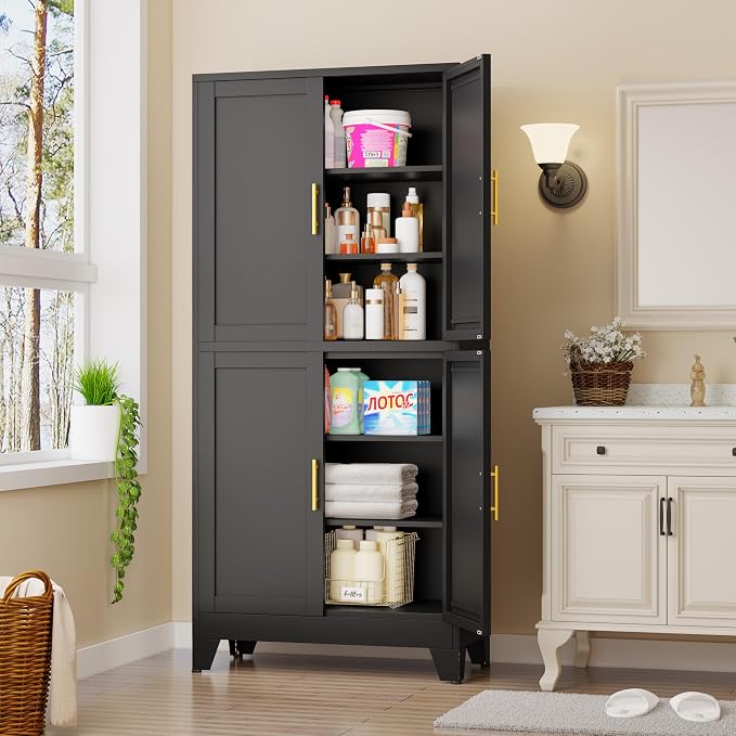 GAIOUS 75.2" Tall Metal Pantry Cabinet, Black Storage Cabinets with 4 Door | and 4 Adjustable Shelves, Kitchen Pantry Storage Cabinet, Freestanding Cupboard for Kitchen Dining Room Living Room Bathroom