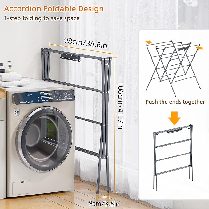 Drying Rack Clothing,35.43in Long Drying Poles Large Clothes Drying Rack | Foldable Portable Laundry Drying Rack with Sock Clips for Air Drying Clothing,Towels,Delicate Eac,Indoor Outdoor Use.Silver