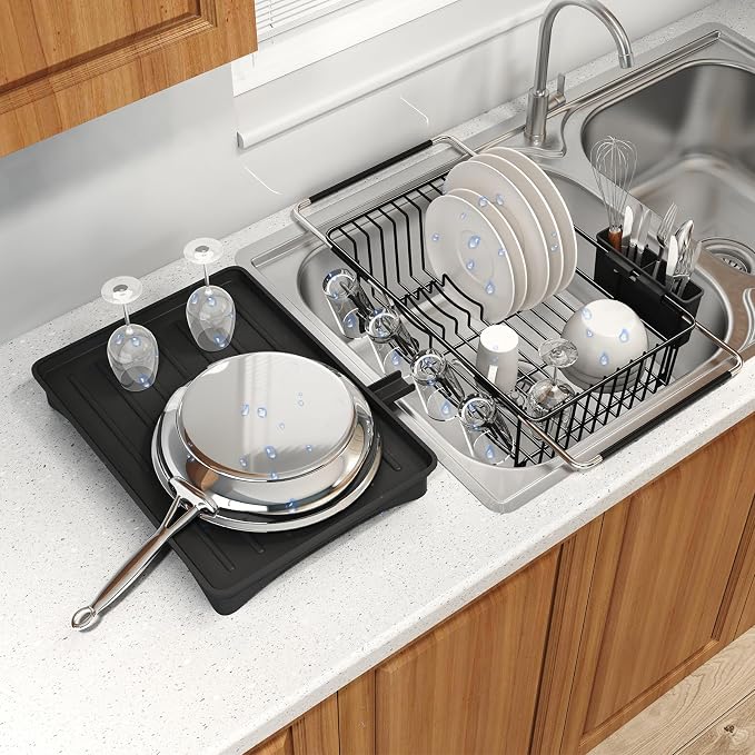 Dish Drying Rack Over The Sink with Utensil Holder, Drainboard | Expandable Stainless Steel Dish Drainer for Small Kitchen, Apartment, RV, Counter Space Saving, Perfect Fit, Rustproof