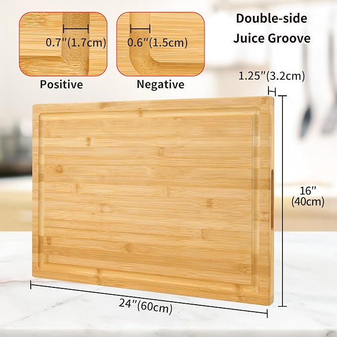 Utoplike Extra Large XXXL Bamboo Cutting Board 24 x16in, Wood Butcher Block | Chopping Boards with Handle & Juice Groove, Charcuterie Tray for Turkey, Meat, Vegetables, BBQ, Over the Sink Thick 1.25"