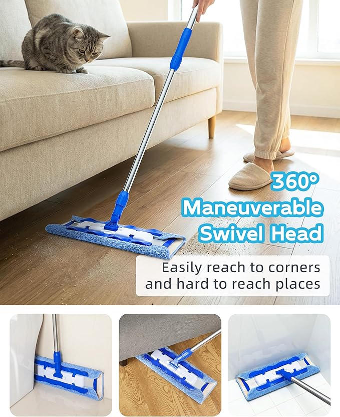 MR.SIGA Professional Microfiber Mop for Hardwood, Laminate, Tile Floor Cleaning, Stainless Steel Telescopic Handle - 3 Reusable Flat Mop Refills and 1 Dirt Removal Scrubber Included