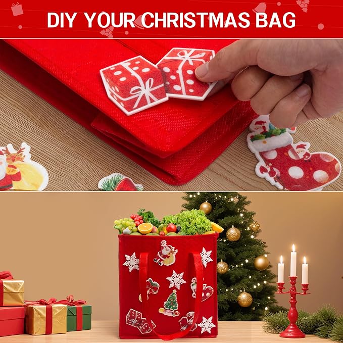 Christmas DIY Insulated Grocery Bags with Zippered Top – 10 DIY Stickers Included, Thermal Tote Cooler Bags for Frozen Food, Reusable Travel Grocery Tote for Shopping & Picnic, 2pcs