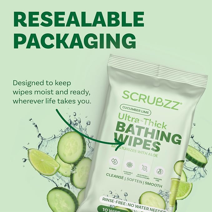 Extra Large Body Wipes for Adults Bathing No Rinse - 80 Ultra Thick Disposable Shower Wipes for Men, Women & Elderly - Great for Gym, Camping, Post Surgery - Cucumber Lime